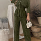 2 Pieces Glitter Stand Collar Three Quarters Sleeve Button Front Blouse and Casual Loose Fit Pants Set