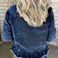 Navy Blue Ruffle Raw Hem Flap Pockets Denim Jacket