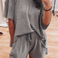 Gray Solid Color Waffle Knit T Shirt and Shorts Set