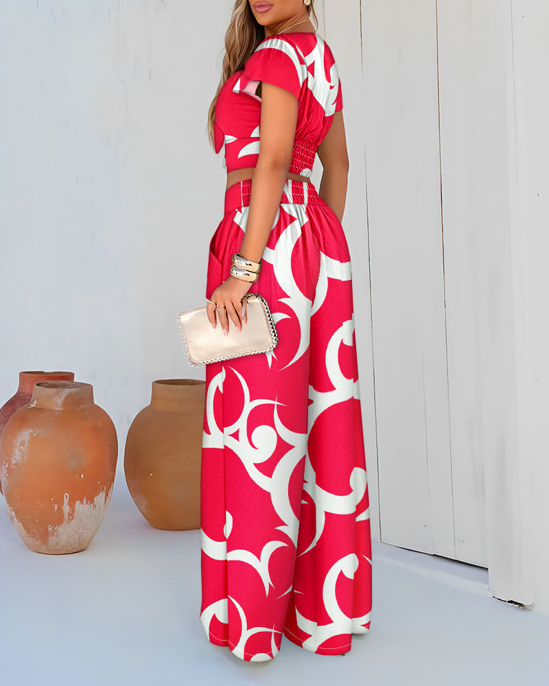 2 Pieces Outfit Irregular Colorblock V Neck Tulip Sleeve Tied Detail Crop Top and Casual High Waist Wide Leg Pants Set