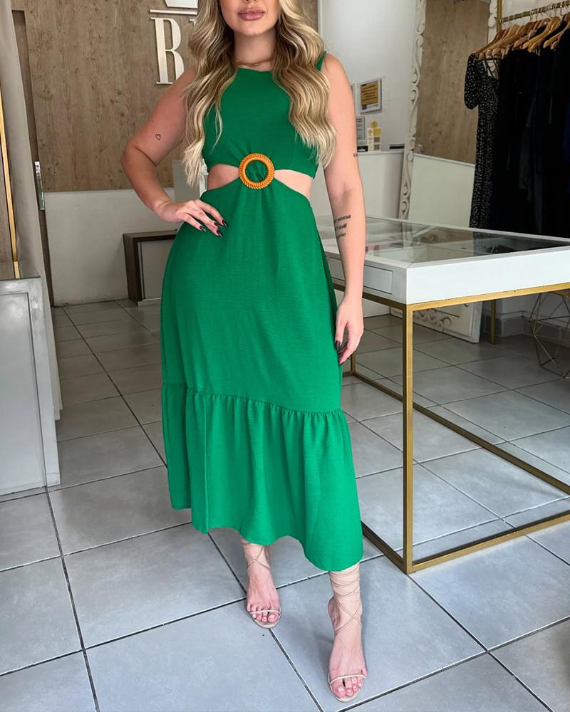 Halter Sleeveless Waist Cutout Maxi Dress Sexy Hoop Decor A Line Smocked Dress