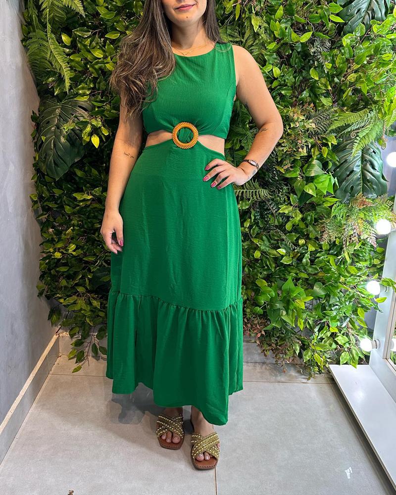 Halter Sleeveless Waist Cutout Maxi Dress Sexy Hoop Decor A Line Smocked Dress