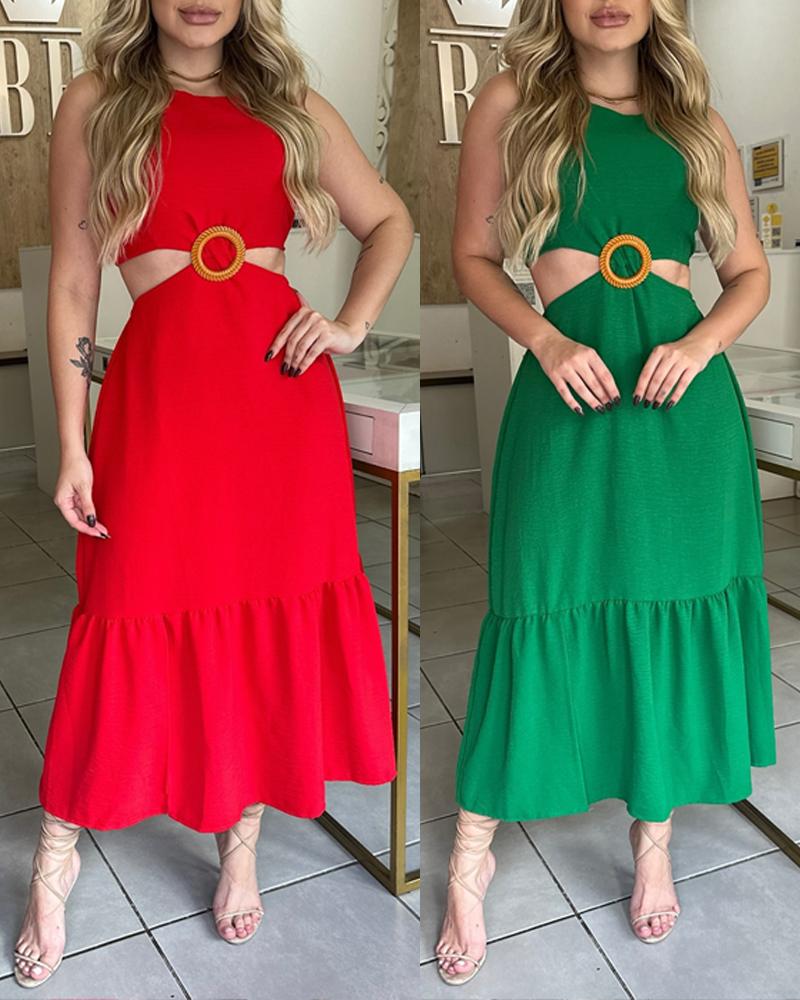 Halter Sleeveless Waist Cutout Maxi Dress Sexy Hoop Decor A Line Smocked Dress