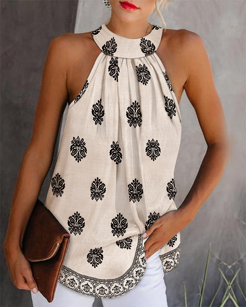 Floral Print Stand Collar Sleeveless Tank Casual Slim Fit Summer Top
