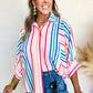 Pink Stripe 3/4 Sleeve Button Up Casual Shirt