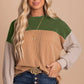 Green Color Block Long Sleeve Ribbed Loose Top