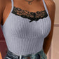 Contrast Lace Square Neck Spaghetti Strap Tank Sexy Waist Slim Fit Knit Top