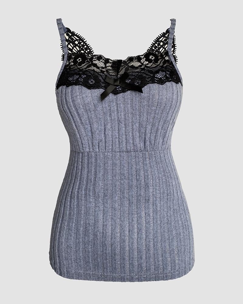 Contrast Lace Square Neck Spaghetti Strap Tank Sexy Waist Slim Fit Knit Top