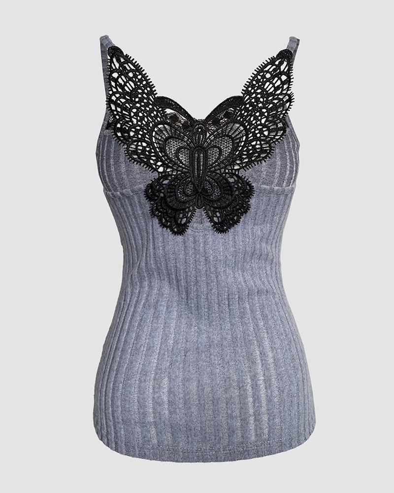 Contrast Lace Square Neck Spaghetti Strap Tank Sexy Waist Slim Fit Knit Top