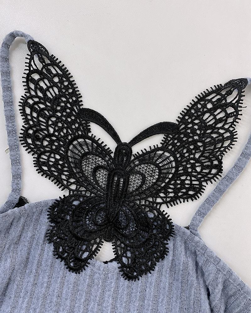 Contrast Lace Square Neck Spaghetti Strap Tank Sexy Waist Slim Fit Knit Top