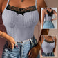 Contrast Lace Square Neck Spaghetti Strap Tank Sexy Waist Slim Fit Knit Top