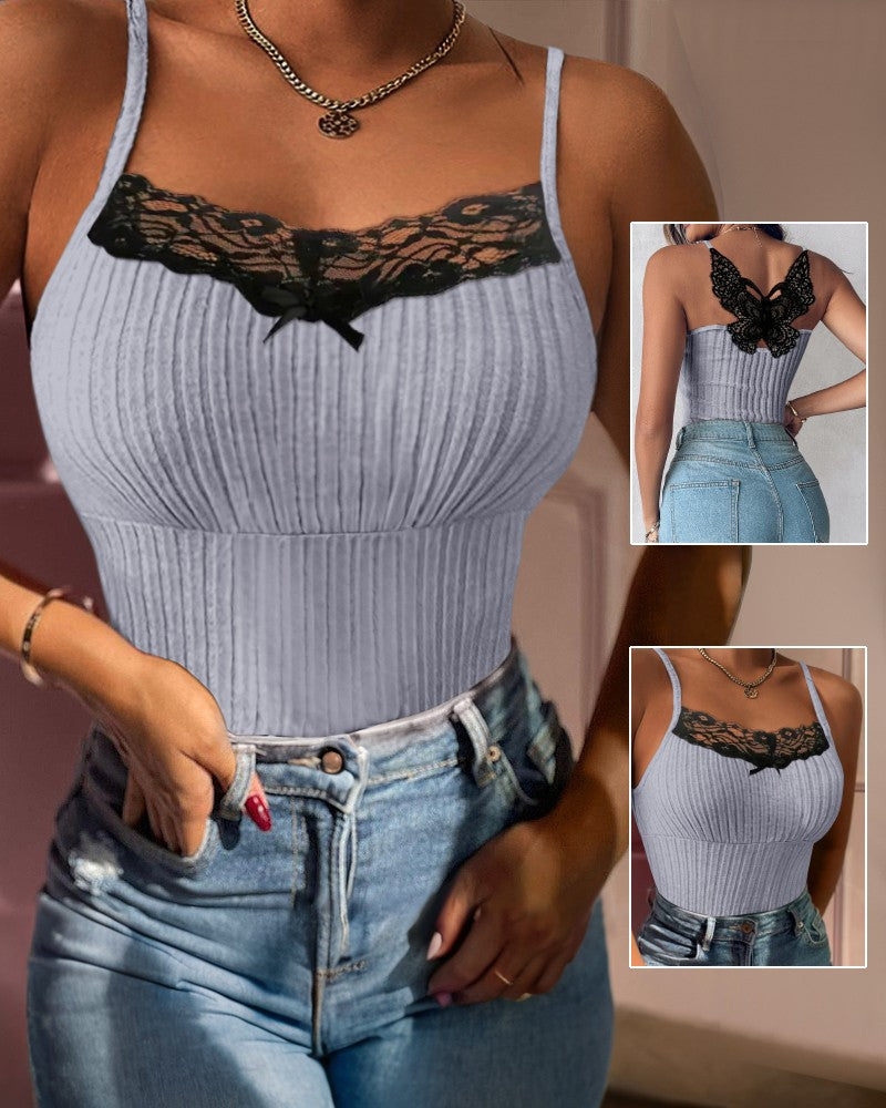 Contrast Lace Square Neck Spaghetti Strap Tank Sexy Waist Slim Fit Knit Top
