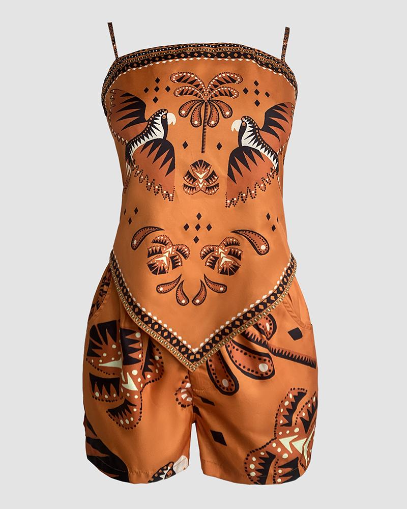 2 Pieces Outfit Floral Print Spaghetti Strap Sleeveless Tank and Casual Shorts Set