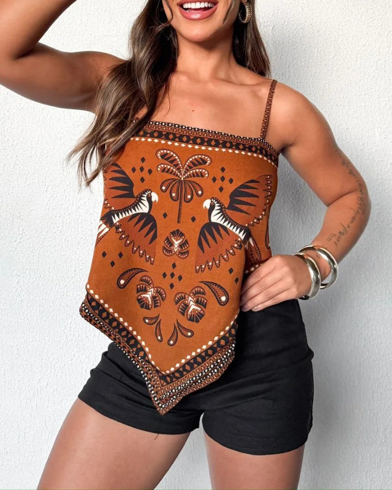 2 Pieces Outfit Floral Print Spaghetti Strap Bandeau Top and Casual Pocket Design Shorts Set