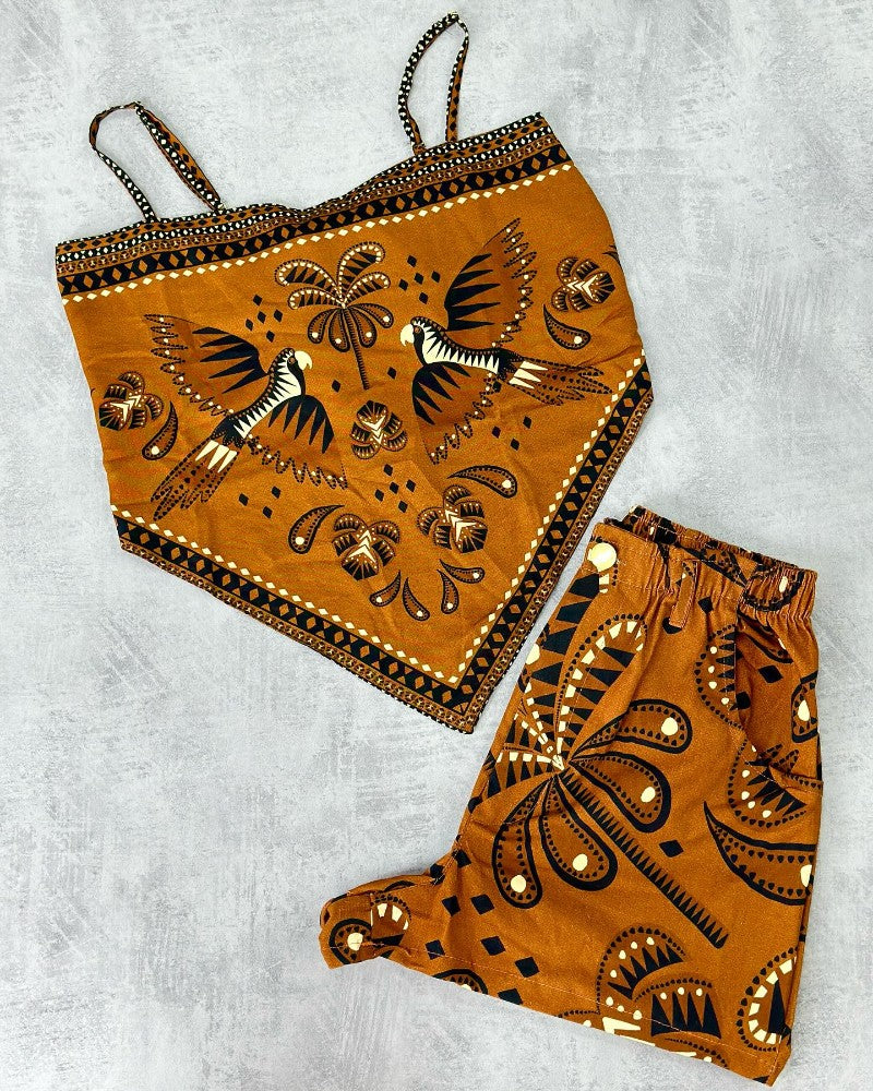 2 Pieces Outfit Floral Print Spaghetti Strap Bandeau Top and Casual Pocket Design Shorts Set