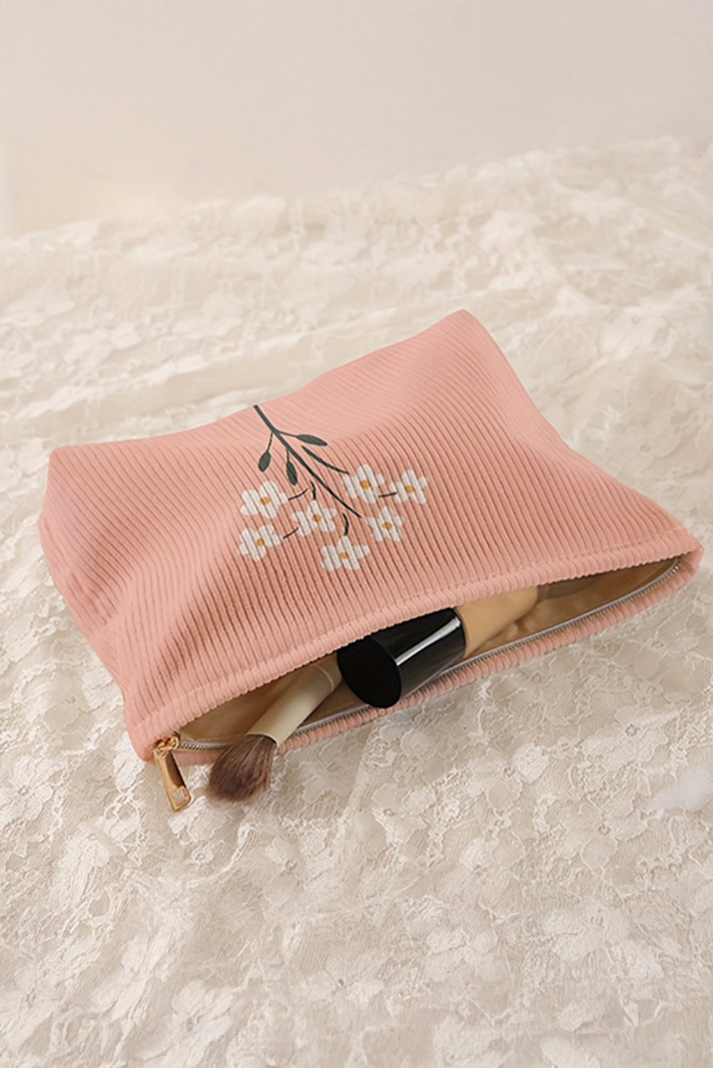 Peach Blossom Flower Print Textured Corduroy Large Cosmetic Bag