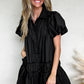 Black Shirt Style Button Down Puff Sleeve Ruffle Hem Dress