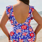 Blue Floral Print Ruffled V Neck High Waist One Piece Swimwear