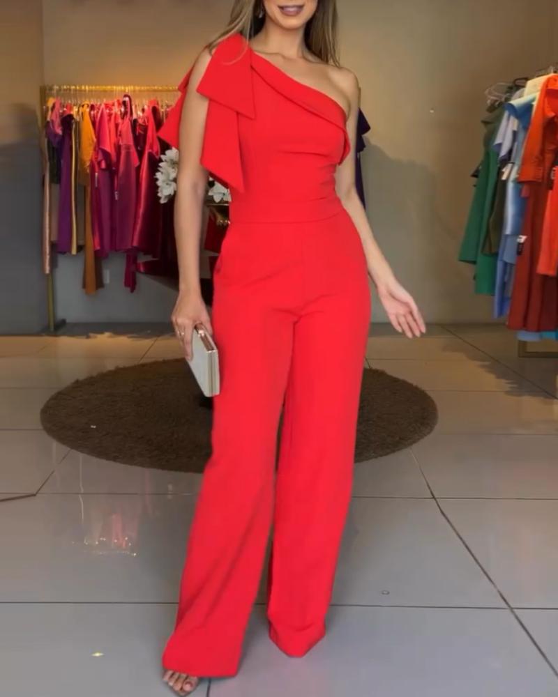 One Shoulder Tied Detail Sleeveless Jumpsuit Casual Cold Shoulder Waist Romper