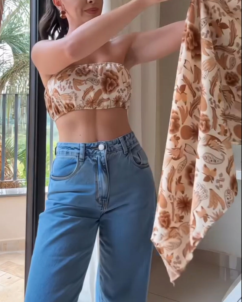 2 Pieces Outfit Floral Print Cold Shoulder Split Sleeve Blouse and Elastic Bandeau Set