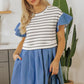 Black Stripe Ruffle Denim Patchwork Round Neck Mini Dress