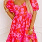 Red Floral Bubble Sleeve Sweetheart Neck Ruffled Mini Dress