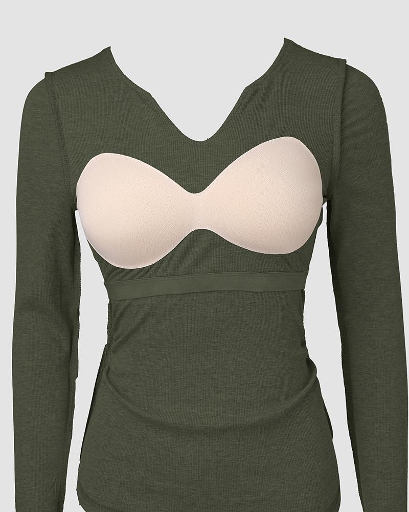 Notch Neck Built in Bra Ruched Waist Rib knit Top