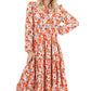 Multicolor Boho Floral Collared Long Sleeve Ruffled Dress
