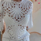 2 Pieces Outfit Lace Hollow Out Bell Sleeve Crop Top and Casual Slim Fit Straight Leg Pants Set