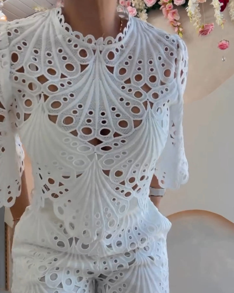 2 Pieces Outfit Lace Hollow Out Bell Sleeve Crop Top and Casual Slim Fit Straight Leg Pants Set