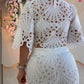2 Pieces Outfit Lace Hollow Out Bell Sleeve Crop Top and Casual Slim Fit Straight Leg Pants Set
