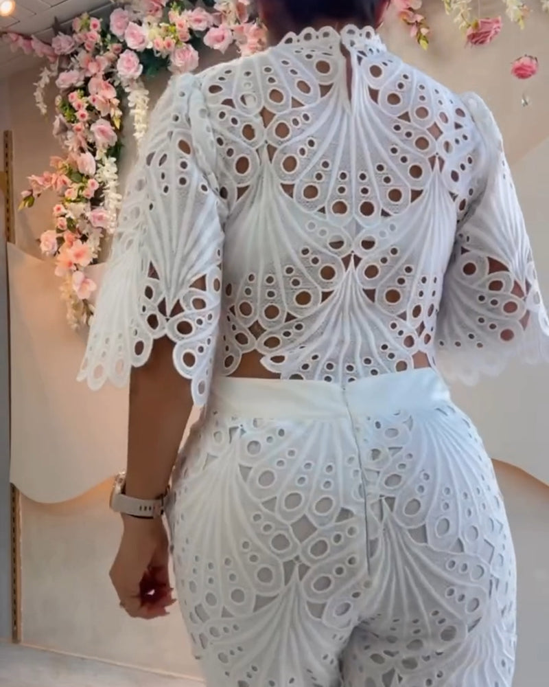 2 Pieces Outfit Lace Hollow Out Bell Sleeve Crop Top and Casual Slim Fit Straight Leg Pants Set