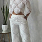 2 Pieces Outfit Lace Hollow Out Bell Sleeve Crop Top and Casual Slim Fit Straight Leg Pants Set