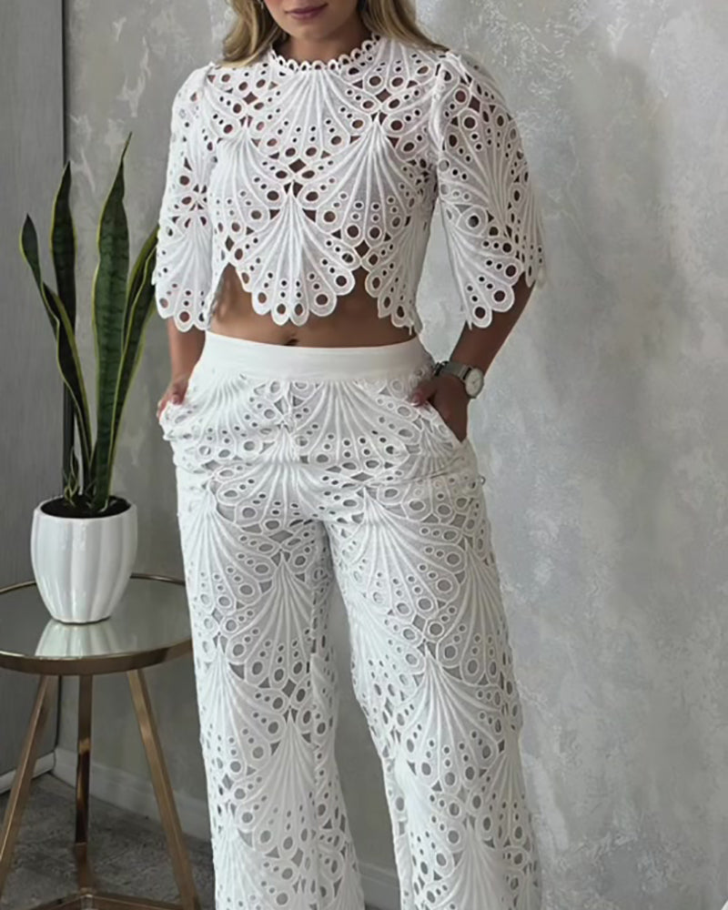 2 Pieces Outfit Lace Hollow Out Bell Sleeve Crop Top and Casual Slim Fit Straight Leg Pants Set