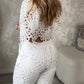 2 Pieces Outfit Lace Hollow Out Bell Sleeve Crop Top and Casual Slim Fit Straight Leg Pants Set