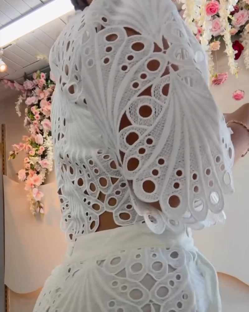 2 Pieces Outfit Lace Hollow Out Bell Sleeve Crop Top and Casual Slim Fit Straight Leg Pants Set