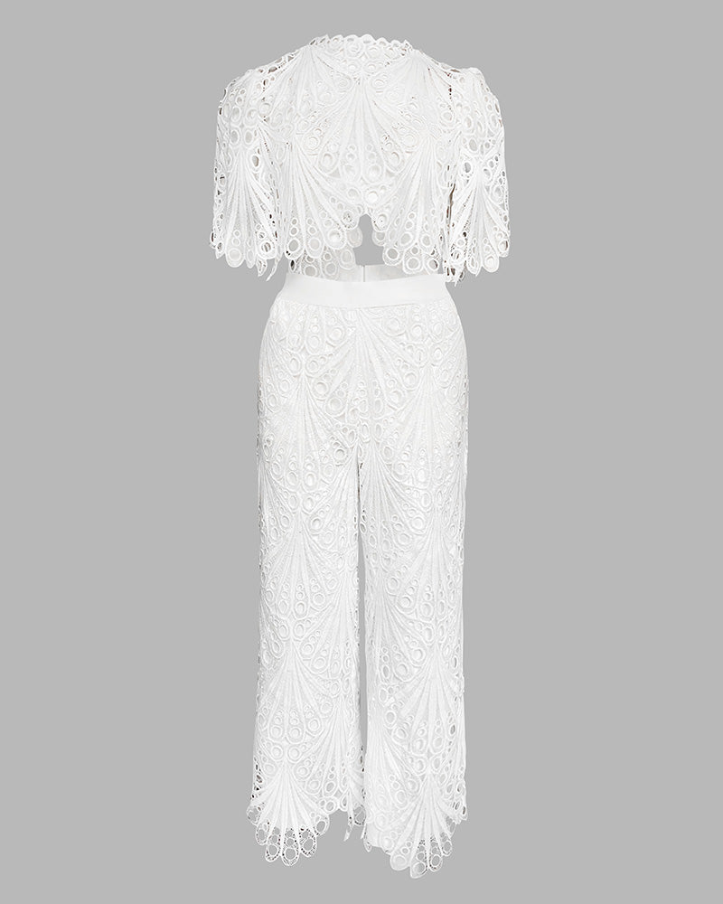 2 Pieces Outfit Lace Hollow Out Bell Sleeve Crop Top and Casual Slim Fit Straight Leg Pants Set
