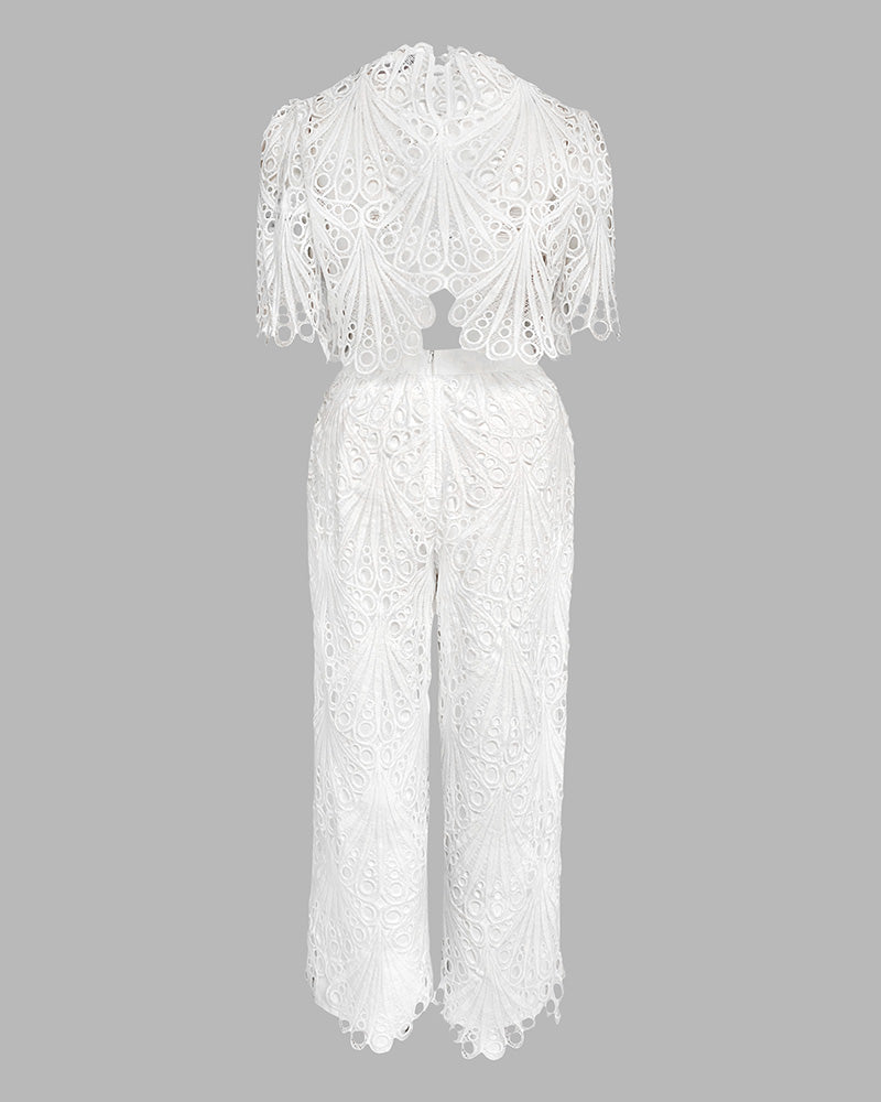 2 Pieces Outfit Lace Hollow Out Bell Sleeve Crop Top and Casual Slim Fit Straight Leg Pants Set