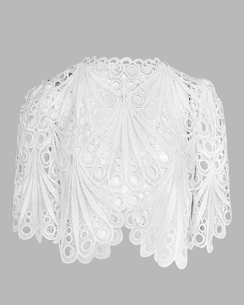 2 Pieces Outfit Lace Hollow Out Bell Sleeve Crop Top and Casual Slim Fit Straight Leg Pants Set