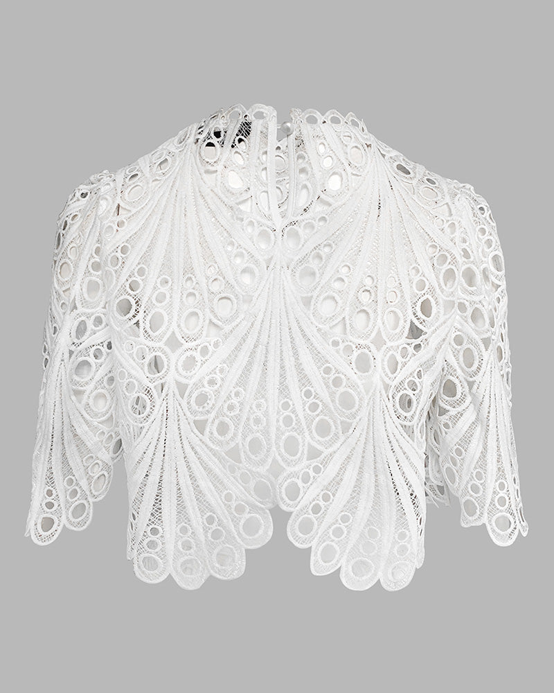 2 Pieces Outfit Lace Hollow Out Bell Sleeve Crop Top and Casual Slim Fit Straight Leg Pants Set