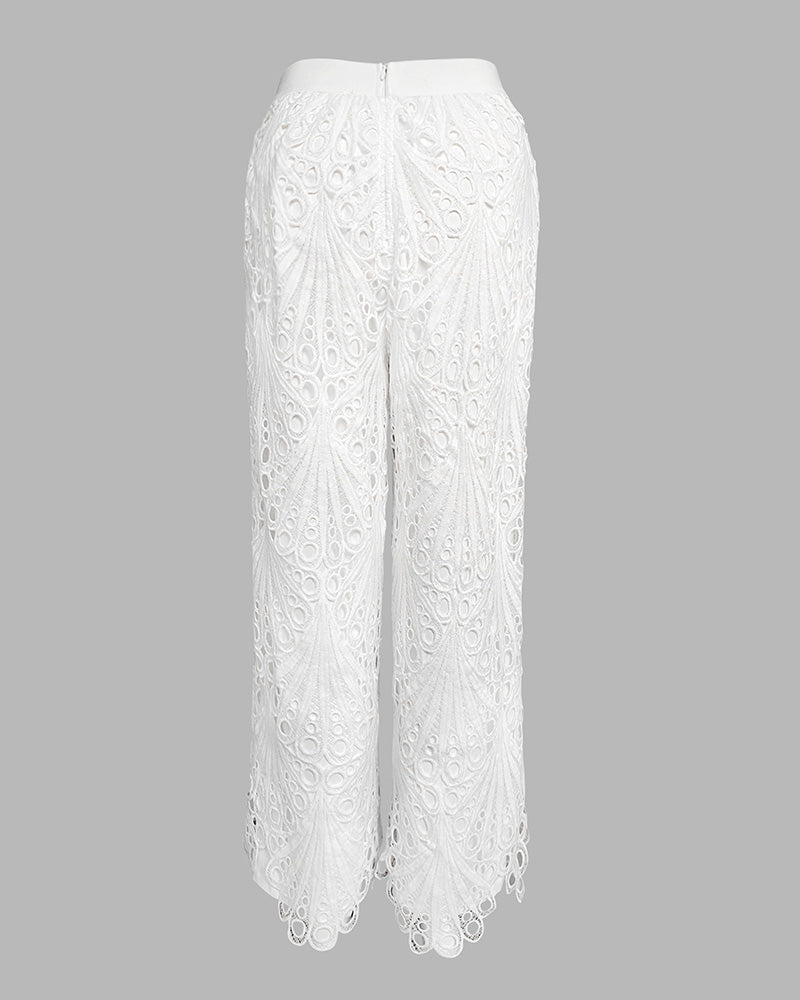 2 Pieces Outfit Lace Hollow Out Bell Sleeve Crop Top and Casual Slim Fit Straight Leg Pants Set