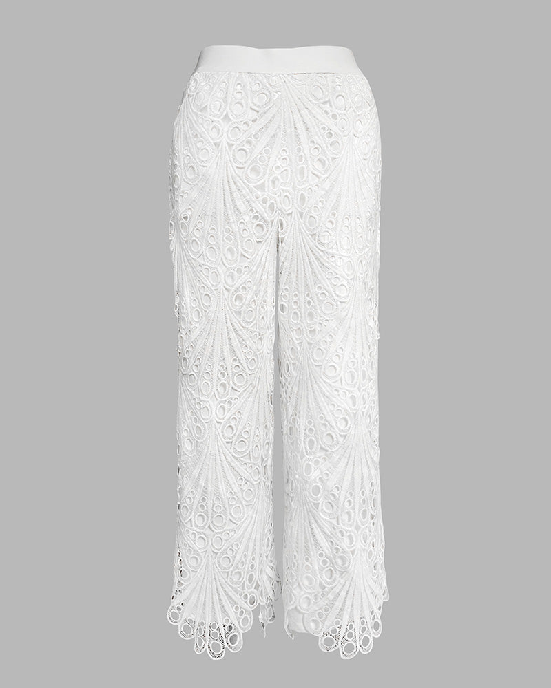 2 Pieces Outfit Lace Hollow Out Bell Sleeve Crop Top and Casual Slim Fit Straight Leg Pants Set