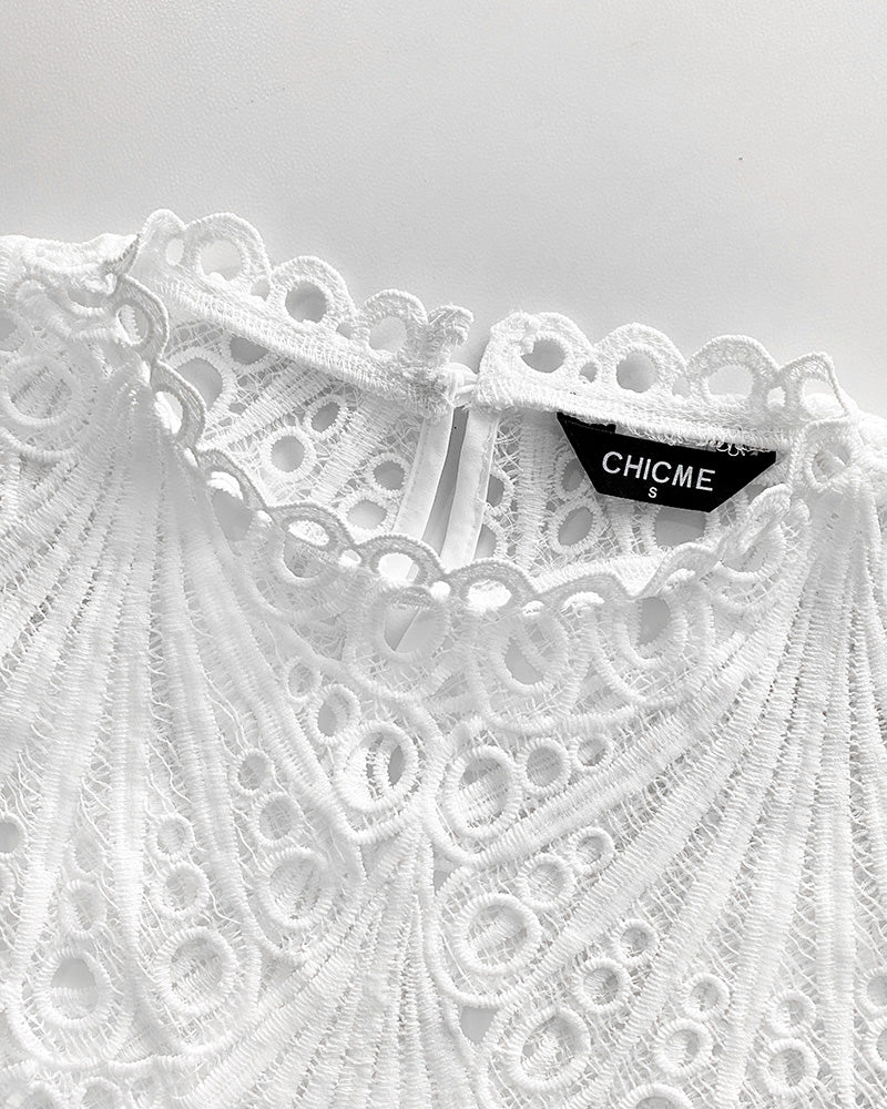 2 Pieces Outfit Lace Hollow Out Bell Sleeve Crop Top and Casual Slim Fit Straight Leg Pants Set