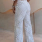 2 Pieces Outfit Lace Hollow Out Bell Sleeve Crop Top and Casual Slim Fit Straight Leg Pants Set