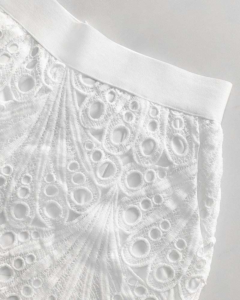 2 Pieces Outfit Lace Hollow Out Bell Sleeve Crop Top and Casual Slim Fit Straight Leg Pants Set