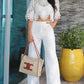 2 Pieces Outfit Lace Hollow Out Bell Sleeve Crop Top and Casual Slim Fit Straight Leg Pants Set