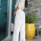 2 Pieces Outfit Lace Hollow Out Bell Sleeve Crop Top and Casual Slim Fit Straight Leg Pants Set