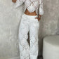 2 Pieces Outfit Lace Hollow Out Bell Sleeve Crop Top and Casual Slim Fit Straight Leg Pants Set