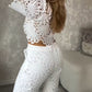 2 Pieces Outfit Lace Hollow Out Bell Sleeve Crop Top and Casual Slim Fit Straight Leg Pants Set