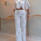 2 Pieces Outfit Lace Hollow Out Bell Sleeve Crop Top and Casual Slim Fit Straight Leg Pants Set